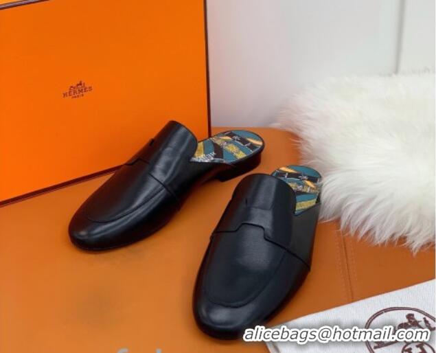 Top Quality Hermes Catena Supple Calfskin Flat Mules with Cut out H 010620 Black 2021