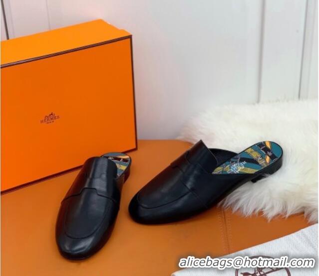 Top Quality Hermes Catena Supple Calfskin Flat Mules with Cut out H 010620 Black 2021