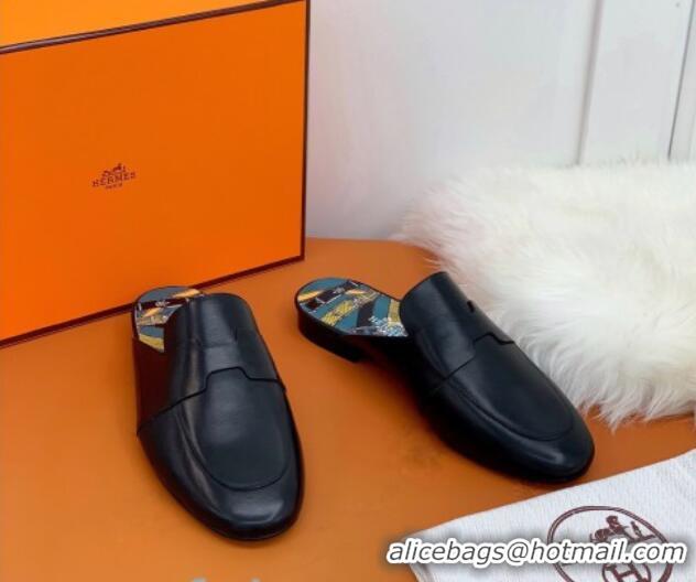 Top Quality Hermes Catena Supple Calfskin Flat Mules with Cut out H 010620 Black 2021