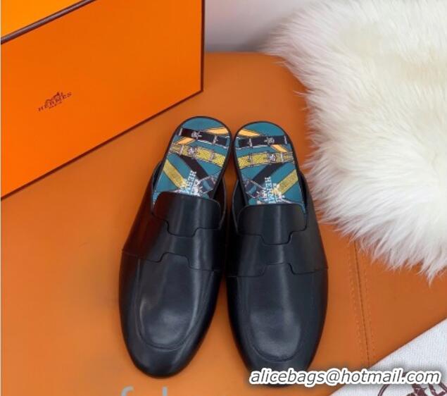 Top Quality Hermes Catena Supple Calfskin Flat Mules with Cut out H 010620 Black 2021