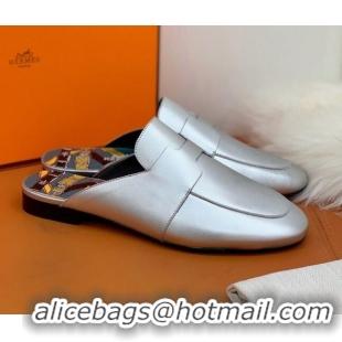 New Style Hermes Catena Supple Calfskin Flat Mules with Cut out H 010620 Silver 2021