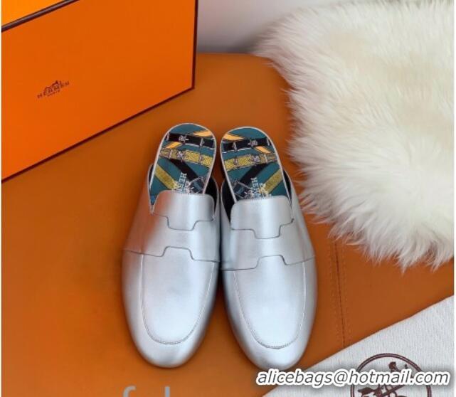 New Style Hermes Catena Supple Calfskin Flat Mules with Cut out H 010620 Silver 2021