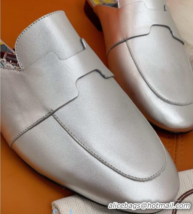 New Style Hermes Catena Supple Calfskin Flat Mules with Cut out H 010620 Silver 2021