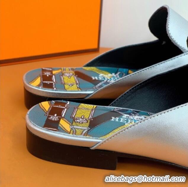 New Style Hermes Catena Supple Calfskin Flat Mules with Cut out H 010620 Silver 2021