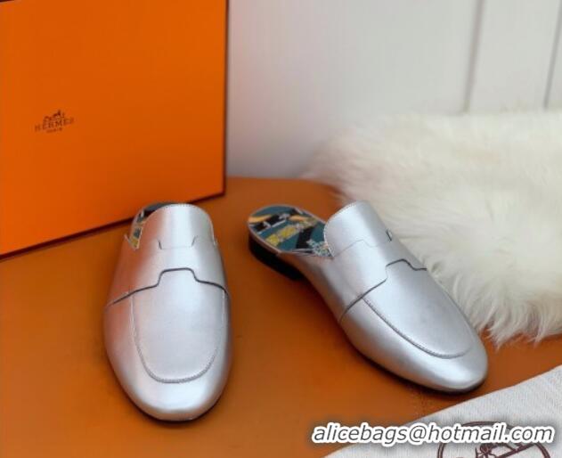 New Style Hermes Catena Supple Calfskin Flat Mules with Cut out H 010620 Silver 2021