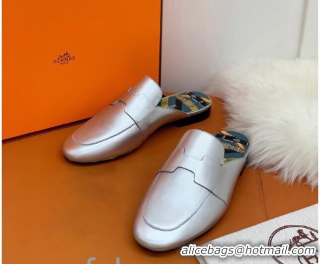 New Style Hermes Catena Supple Calfskin Flat Mules with Cut out H 010620 Silver 2021