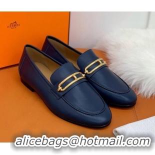 Grade Design Hermes Colette Calfskin Loafers with Roulis Buckle 010624 Navy Blue 2021