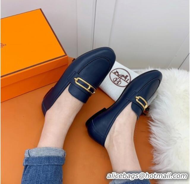 Grade Design Hermes Colette Calfskin Loafers with Roulis Buckle 010624 Navy Blue 2021