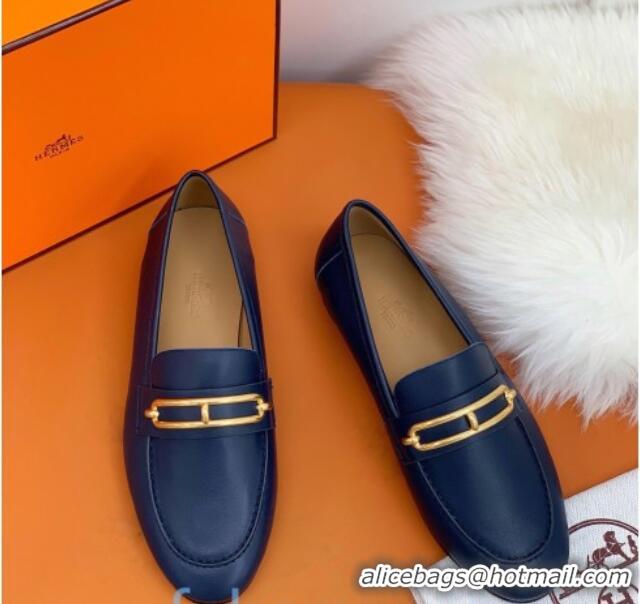 Grade Design Hermes Colette Calfskin Loafers with Roulis Buckle 010624 Navy Blue 2021