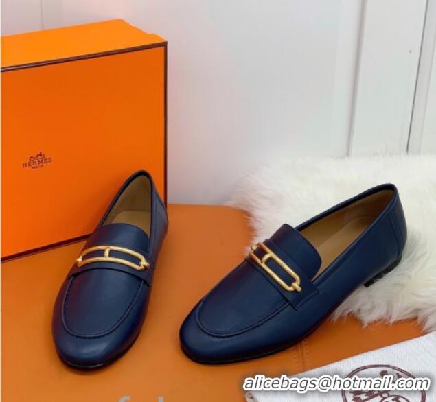 Grade Design Hermes Colette Calfskin Loafers with Roulis Buckle 010624 Navy Blue 2021