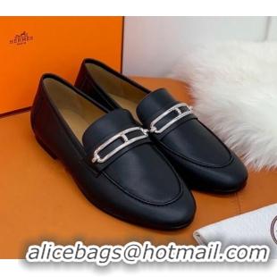 Good Quality Hermes Colette Calfskin Loafers with Roulis Buckle 010624 Black 2021