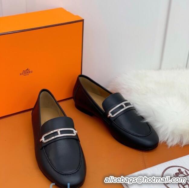 Good Quality Hermes Colette Calfskin Loafers with Roulis Buckle 010624 Black 2021