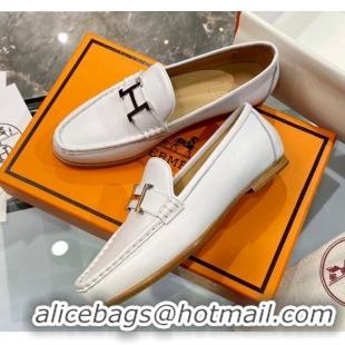 Classic Hot Hermes Paris Calfskin Flat loafers with H Buckle 010651 White