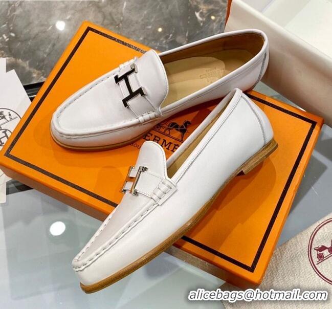 Classic Hot Hermes Paris Calfskin Flat loafers with H Buckle 010651 White