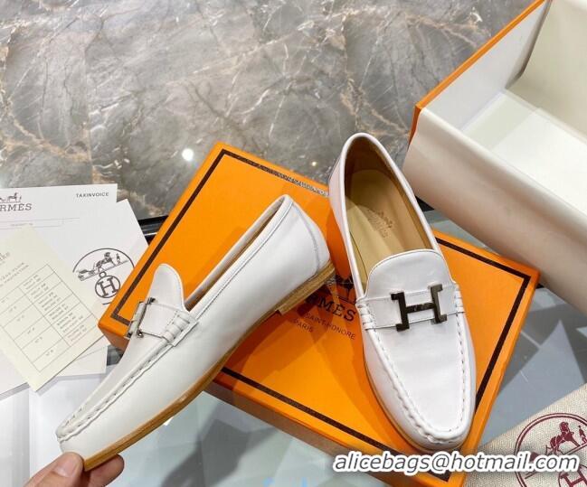 Classic Hot Hermes Paris Calfskin Flat loafers with H Buckle 010651 White