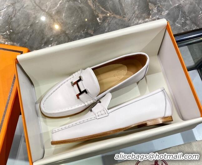 Classic Hot Hermes Paris Calfskin Flat loafers with H Buckle 010651 White