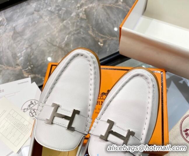 Classic Hot Hermes Paris Calfskin Flat loafers with H Buckle 010651 White