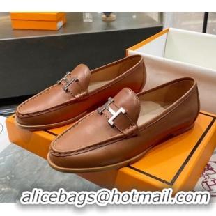 Sophisticated Hermes Paris Calfskin Flat loafers with H Buckle 010651 Brown