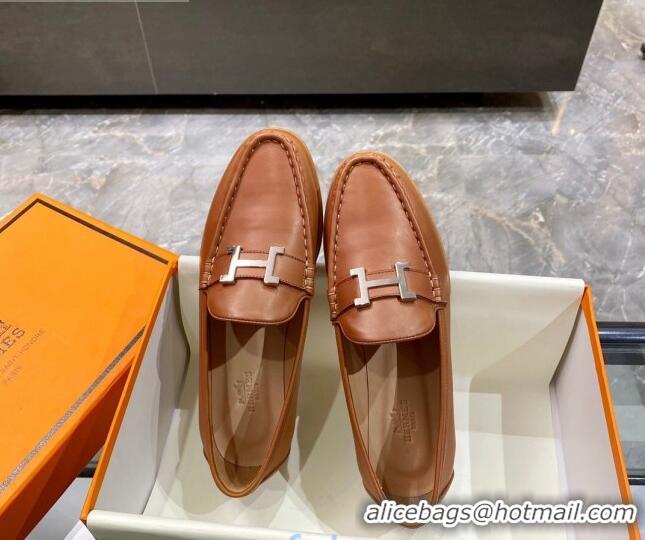 Sophisticated Hermes Paris Calfskin Flat loafers with H Buckle 010651 Brown