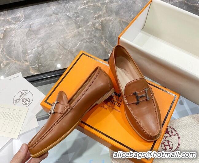 Sophisticated Hermes Paris Calfskin Flat loafers with H Buckle 010651 Brown