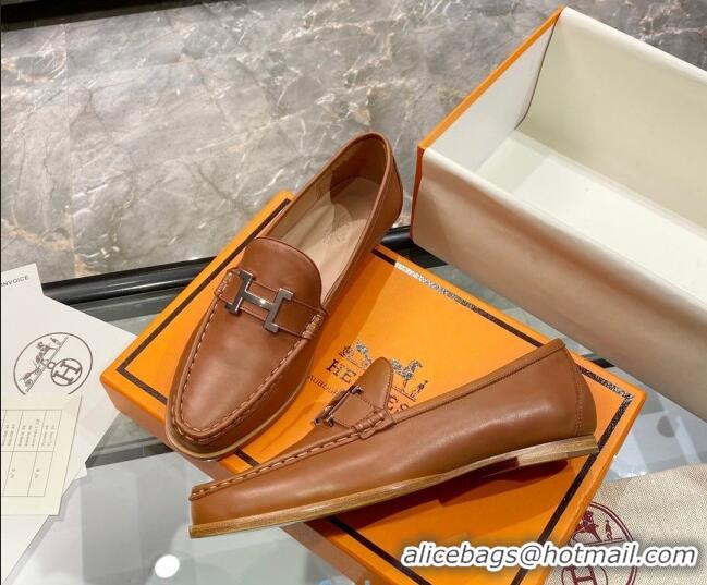 Sophisticated Hermes Paris Calfskin Flat loafers with H Buckle 010651 Brown