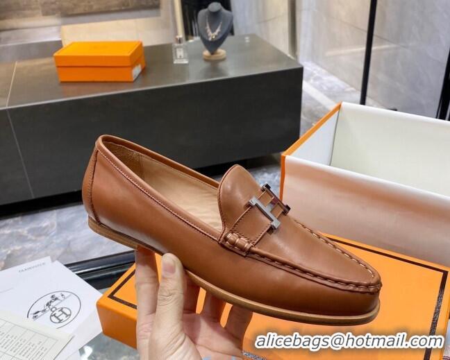 Sophisticated Hermes Paris Calfskin Flat loafers with H Buckle 010651 Brown