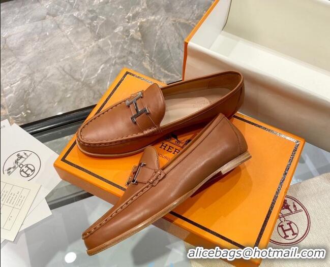 Sophisticated Hermes Paris Calfskin Flat loafers with H Buckle 010651 Brown