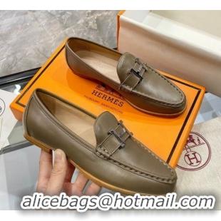 Top Grade Hermes Paris Calfskin Flat loafers with H Buckle 010651 Grey