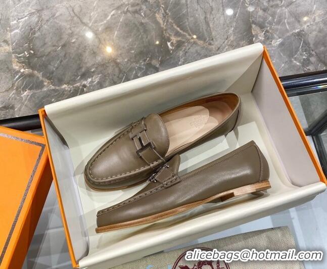 Top Grade Hermes Paris Calfskin Flat loafers with H Buckle 010651 Grey