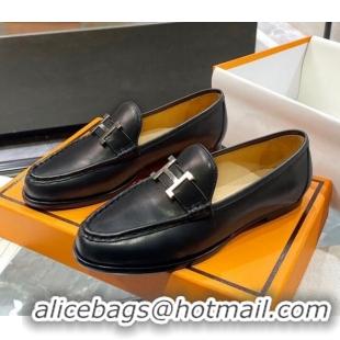 Low Price Hermes Paris Calfskin Flat loafers with H Buckle 010651 Black