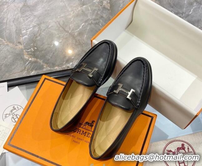 Low Price Hermes Paris Calfskin Flat loafers with H Buckle 010651 Black