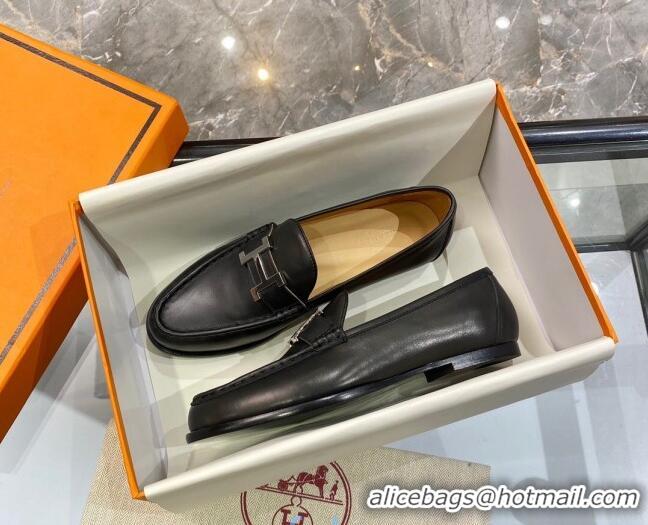 Low Price Hermes Paris Calfskin Flat loafers with H Buckle 010651 Black