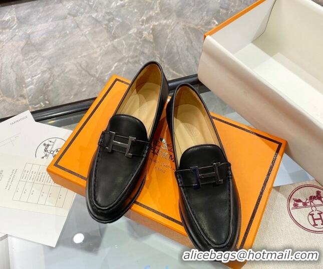 Low Price Hermes Paris Calfskin Flat loafers with H Buckle 010651 Black