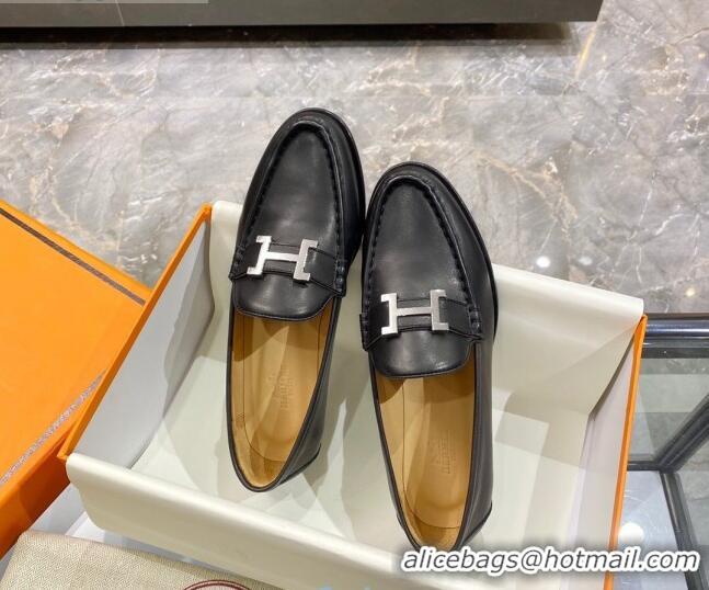 Low Price Hermes Paris Calfskin Flat loafers with H Buckle 010651 Black