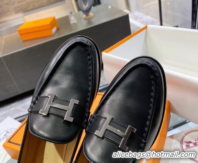 Low Price Hermes Paris Calfskin Flat loafers with H Buckle 010651 Black