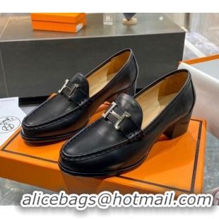 Hot Style Hermes Paris Calfskin Loafers Pumps 5cm with H Buckle 010658 Black