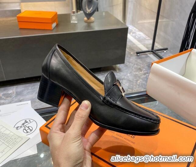 Hot Style Hermes Paris Calfskin Loafers Pumps 5cm with H Buckle 010658 Black