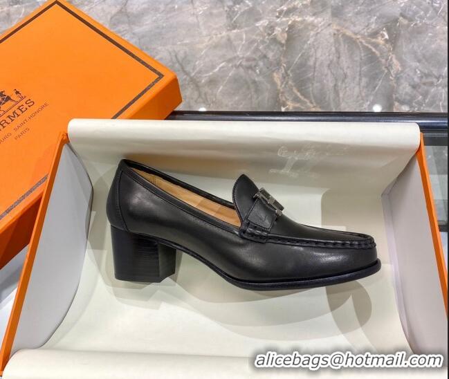 Hot Style Hermes Paris Calfskin Loafers Pumps 5cm with H Buckle 010658 Black