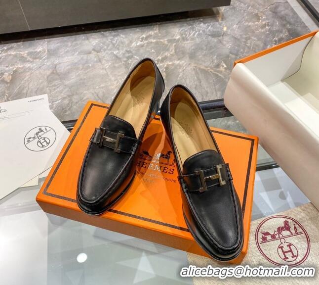 Hot Style Hermes Paris Calfskin Loafers Pumps 5cm with H Buckle 010658 Black