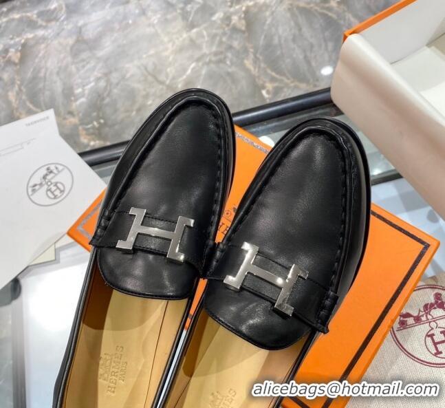 Hot Style Hermes Paris Calfskin Loafers Pumps 5cm with H Buckle 010658 Black