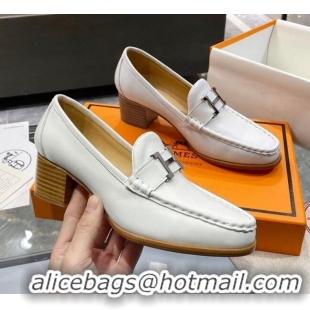 Hot Style Hermes Paris Calfskin Loafers Pumps 5cm with H Buckle 010658 White