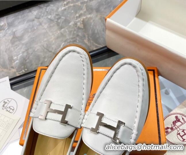 Hot Style Hermes Paris Calfskin Loafers Pumps 5cm with H Buckle 010658 White