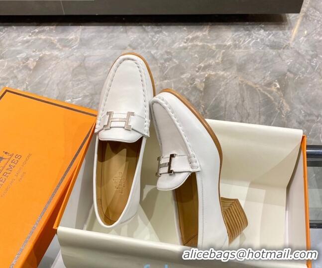 Hot Style Hermes Paris Calfskin Loafers Pumps 5cm with H Buckle 010658 White