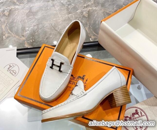 Hot Style Hermes Paris Calfskin Loafers Pumps 5cm with H Buckle 010658 White