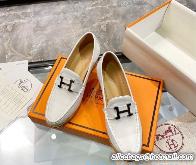 Hot Style Hermes Paris Calfskin Loafers Pumps 5cm with H Buckle 010658 White