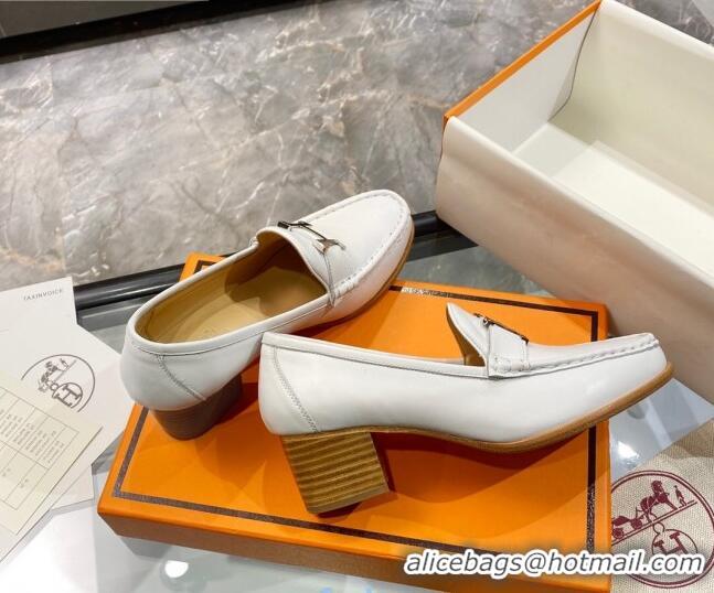 Hot Style Hermes Paris Calfskin Loafers Pumps 5cm with H Buckle 010658 White