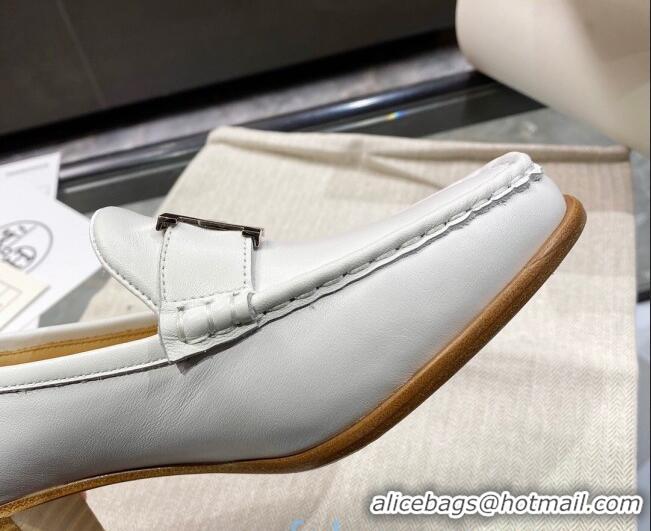 Hot Style Hermes Paris Calfskin Loafers Pumps 5cm with H Buckle 010658 White