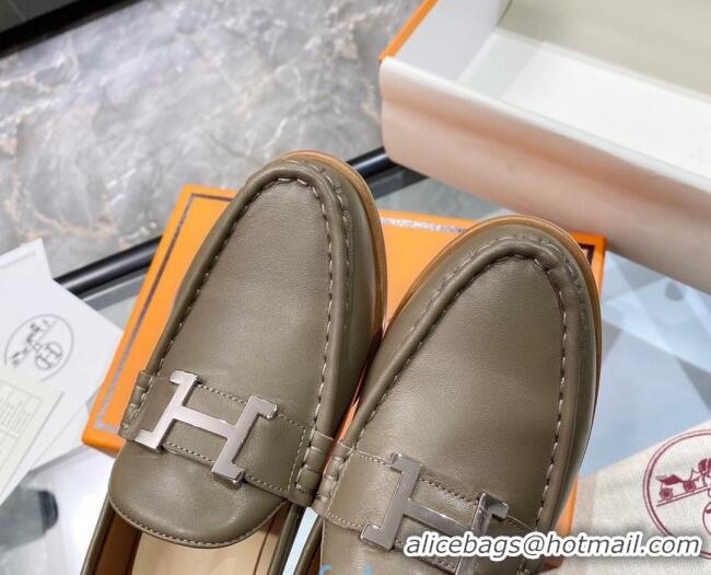 Best Price Hermes Paris Calfskin Loafers Pumps 5cm with H Buckle 010658 Grey