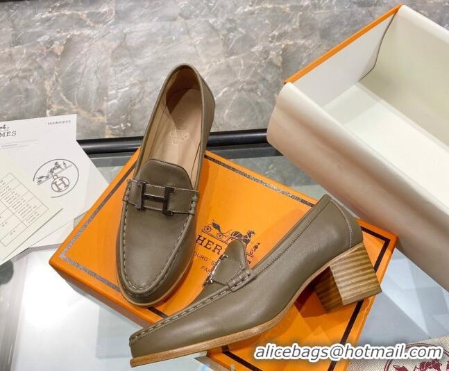 Best Price Hermes Paris Calfskin Loafers Pumps 5cm with H Buckle 010658 Grey