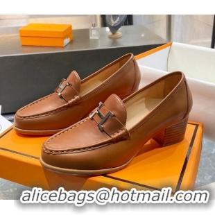 Lowest Price Hermes Paris Calfskin Loafers Pumps 5cm with H Buckle 010658 Brown